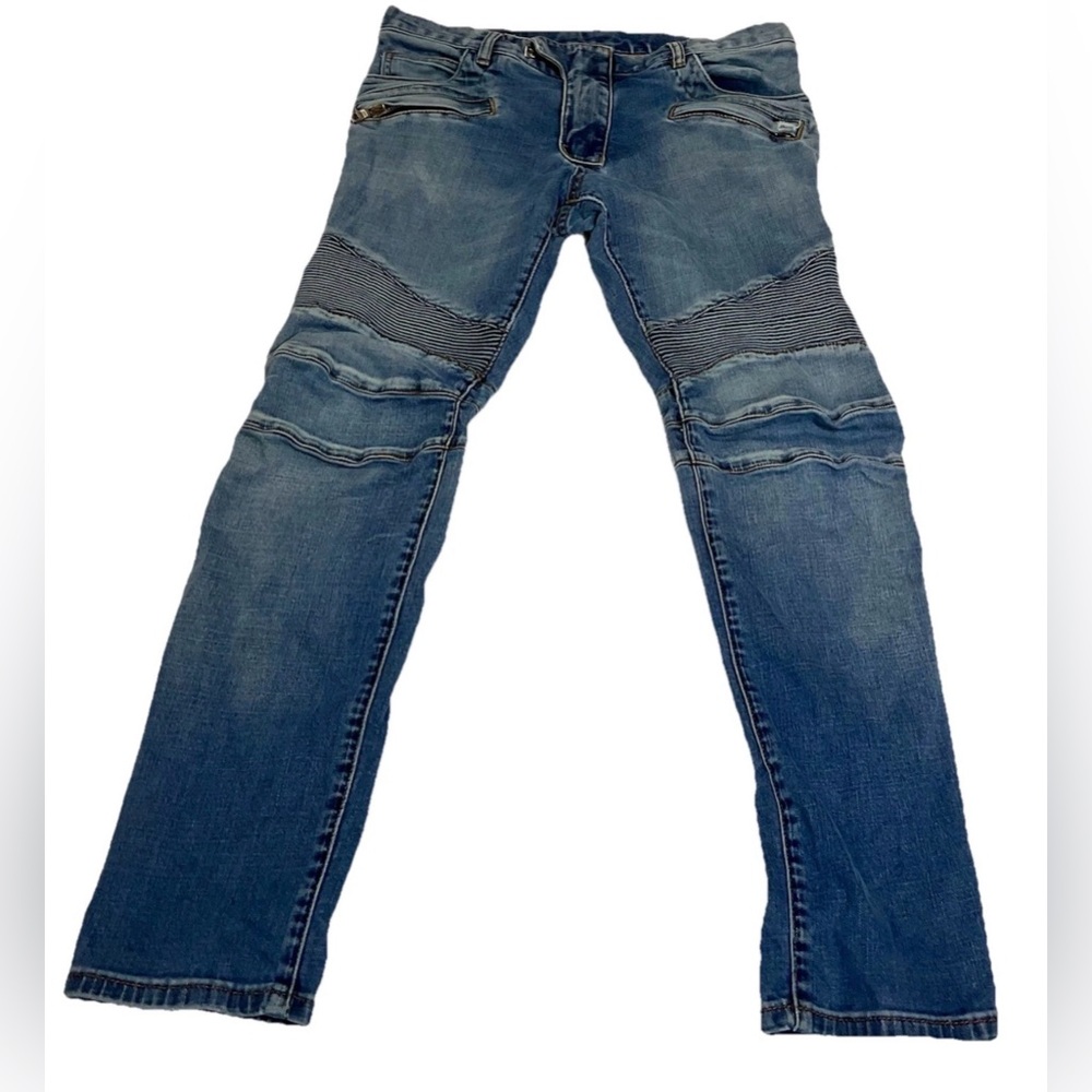 BALMAIN PARIS Moto Jeans Men Blue 32  Italy Denim Biker Stretch Ribbed Zipper